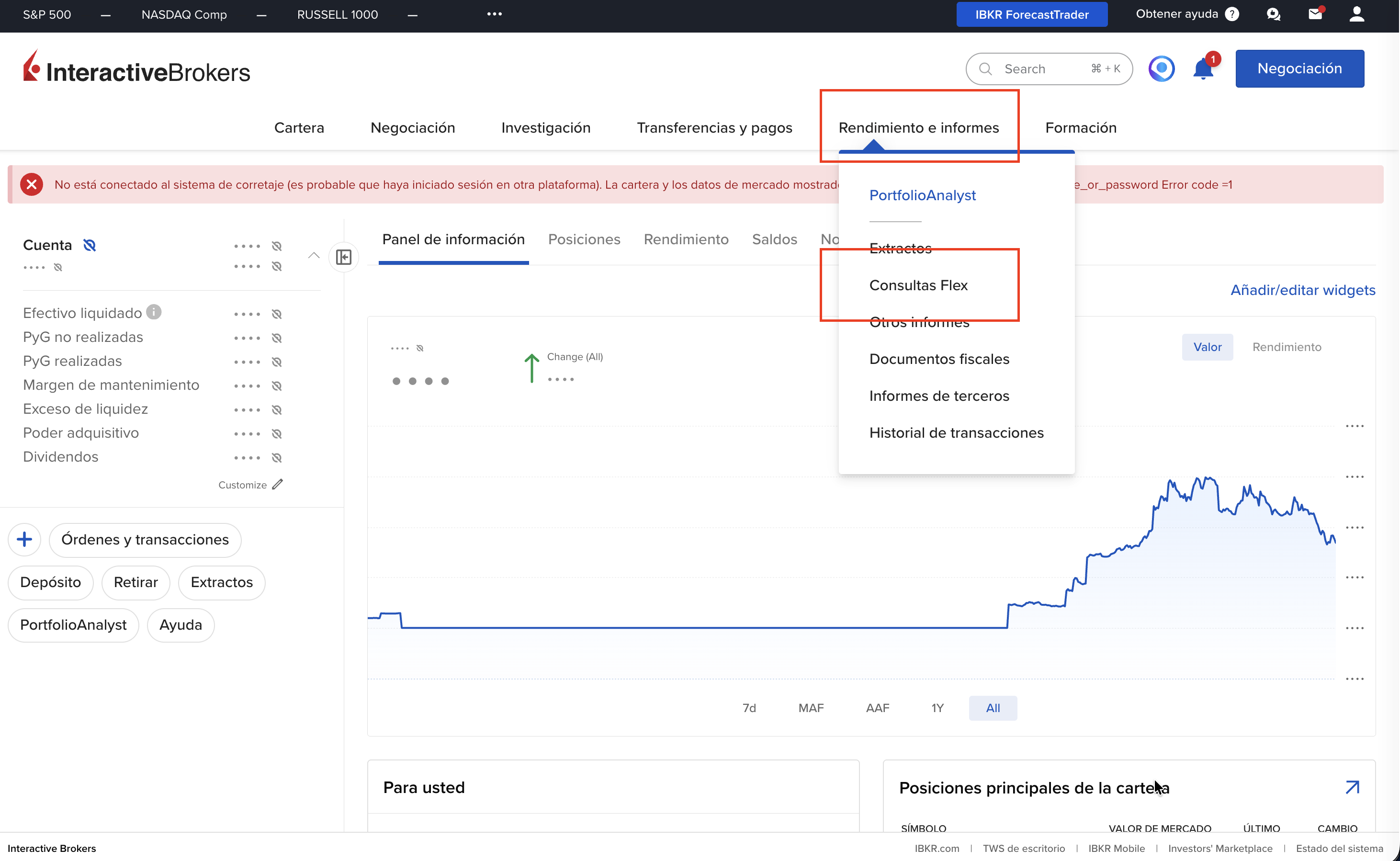 Paso 1: Acceder a Consultas Flex en Interactive Brokers — menú Rendimiento e Informes del Client Portal