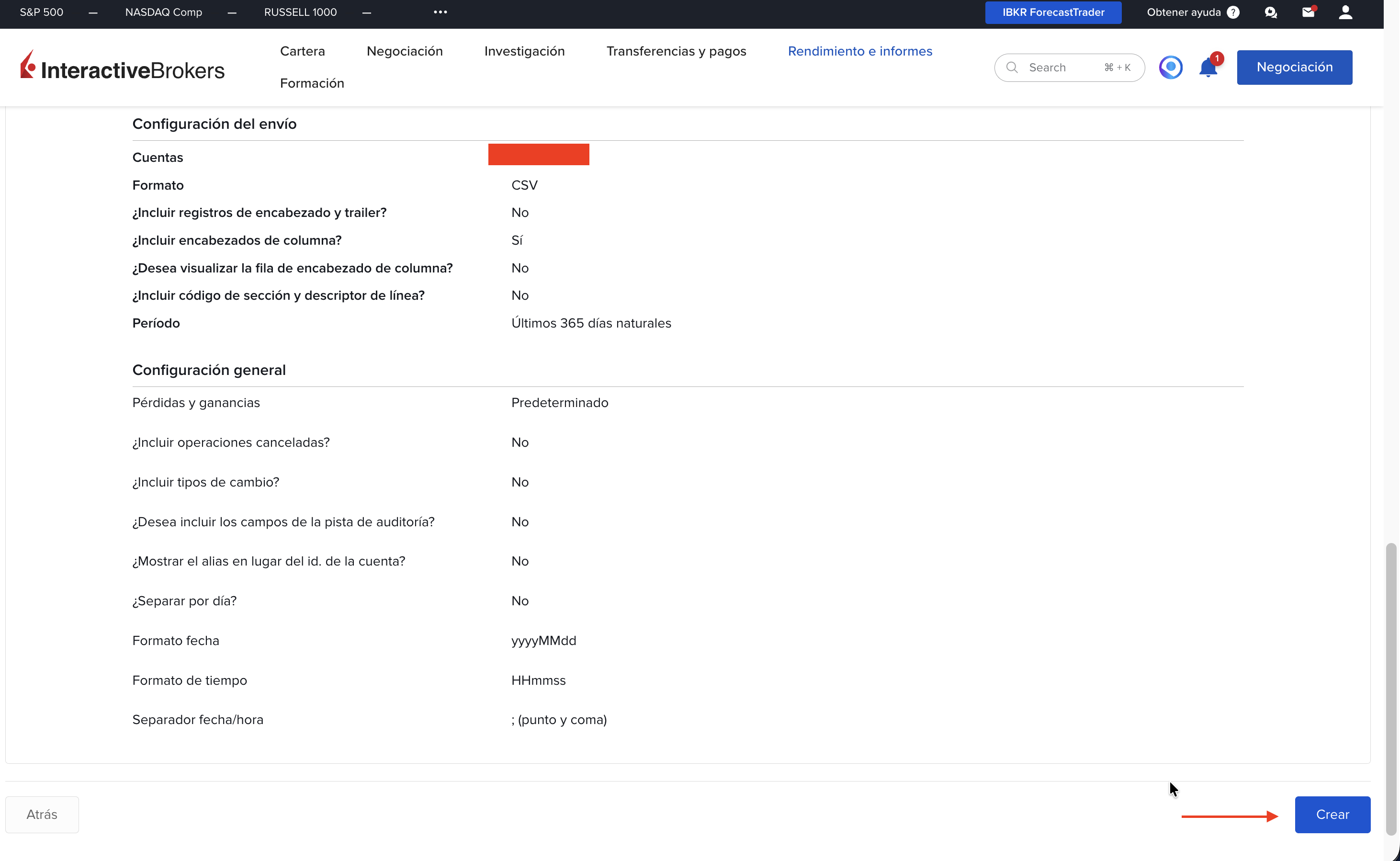Paso 5: Configuración de entrega — formato CSV, encabezados Sí, período 365 días naturales, fecha yyyyMMdd