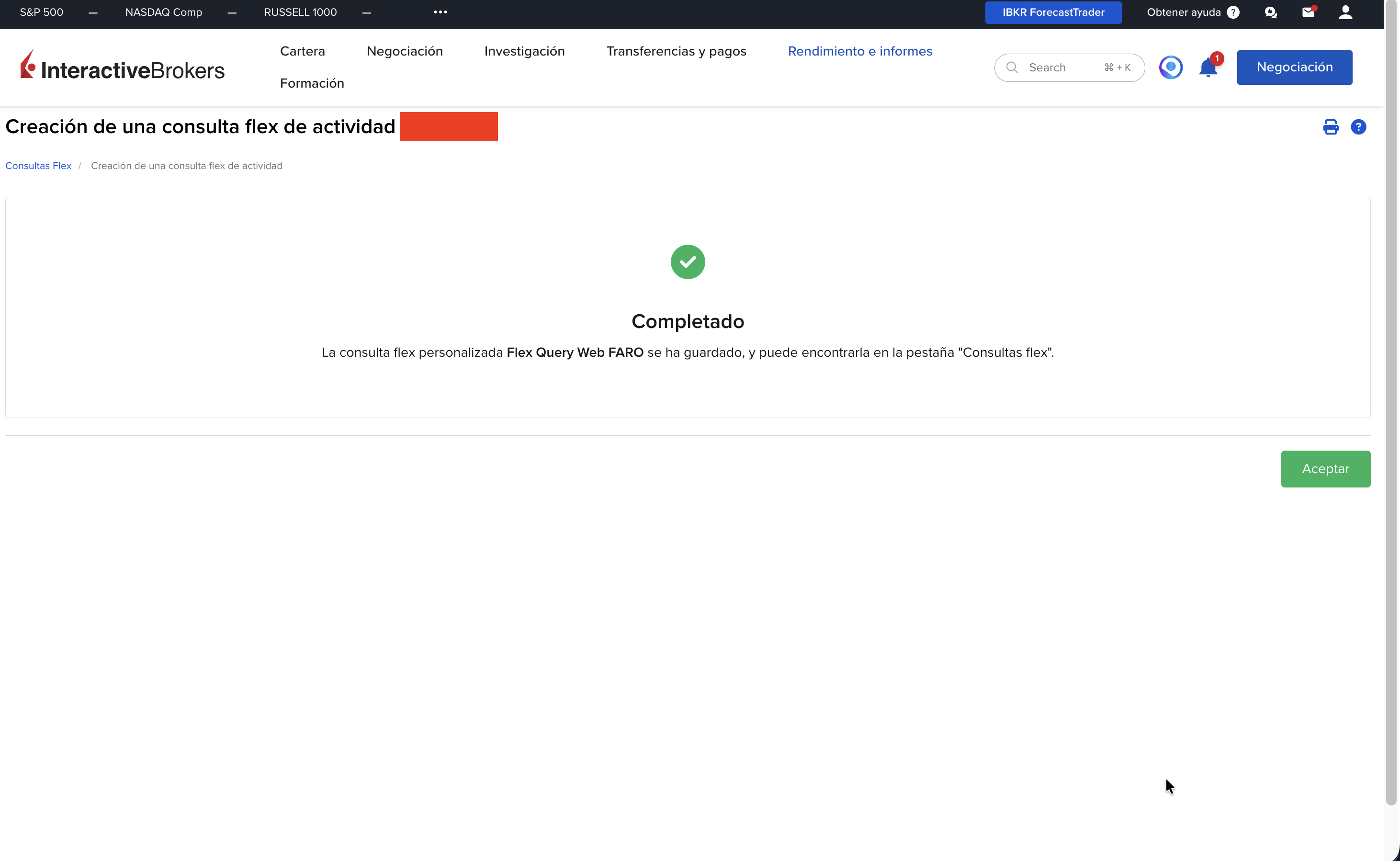 Confirmación: Flex Query Web FARO creada correctamente en Interactive Brokers