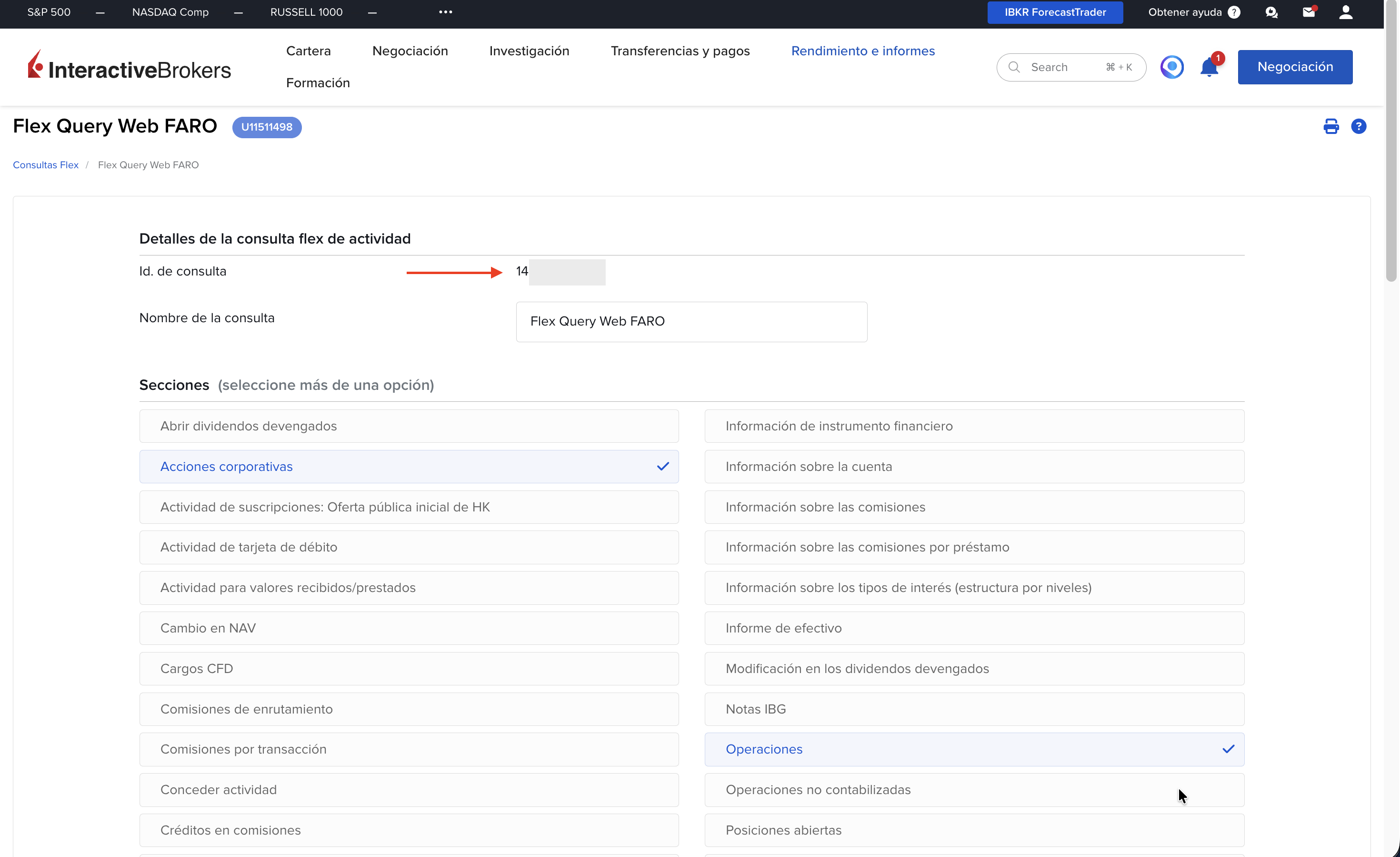Paso 7: Copiar el Query ID — número identificador junto al nombre de la Flex Query en IBKR