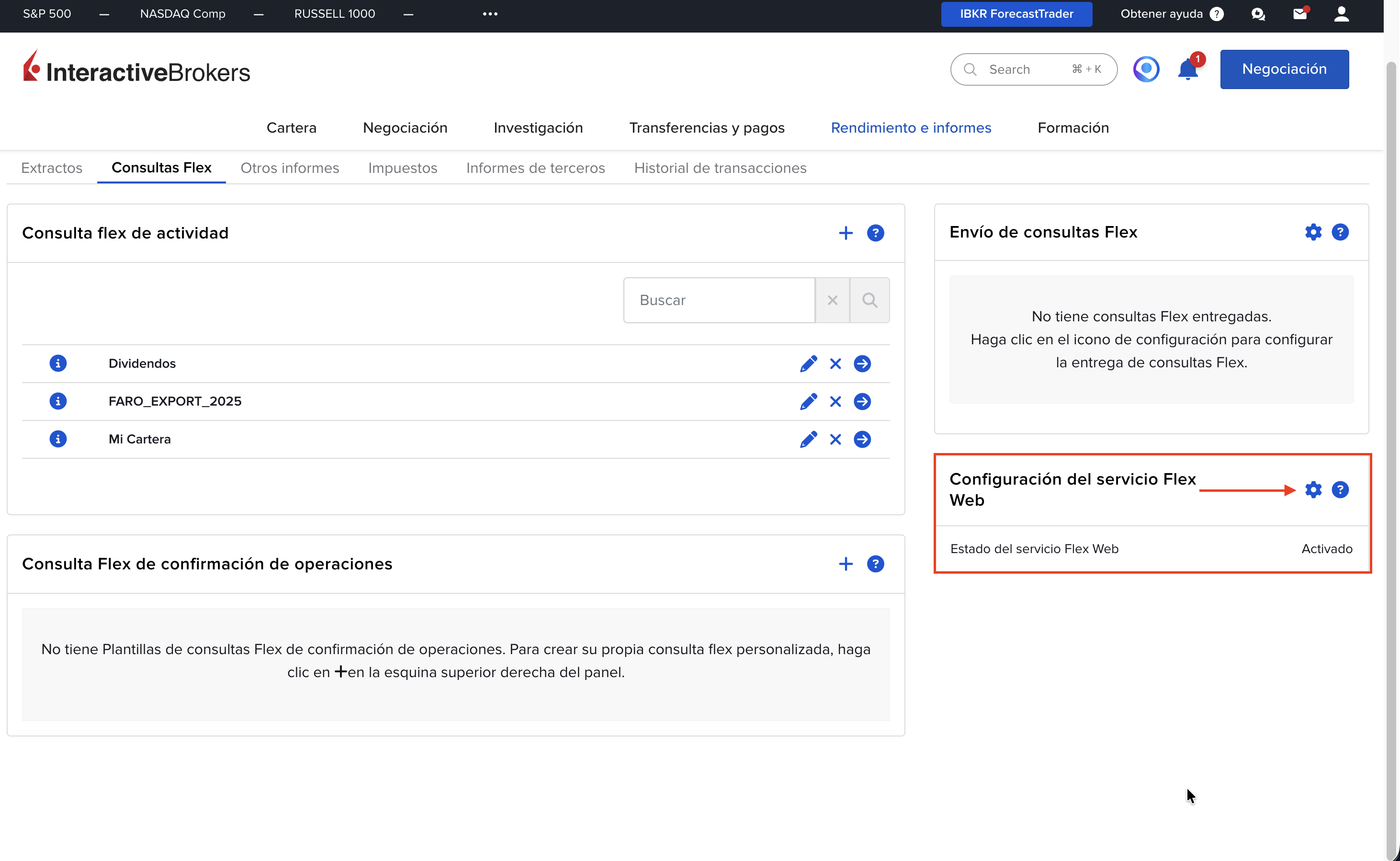 Paso 6: Página de Consultas Flex — acceder a Configuración del servicio Flex Web para generar el Token API