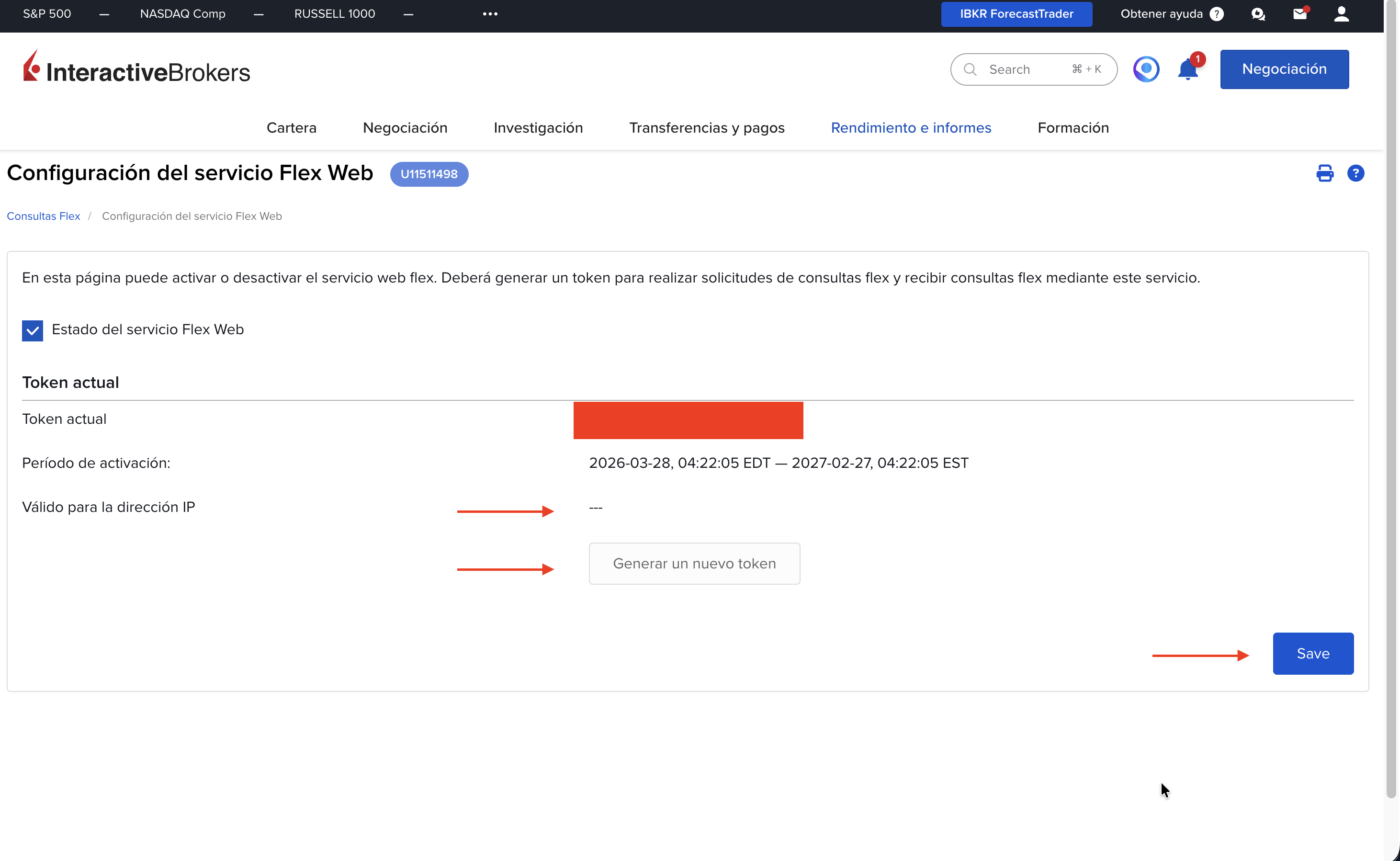 Paso 6: Generar Token de API en IBKR — campo Valid For IP Address vacío y caducidad máxima configurada