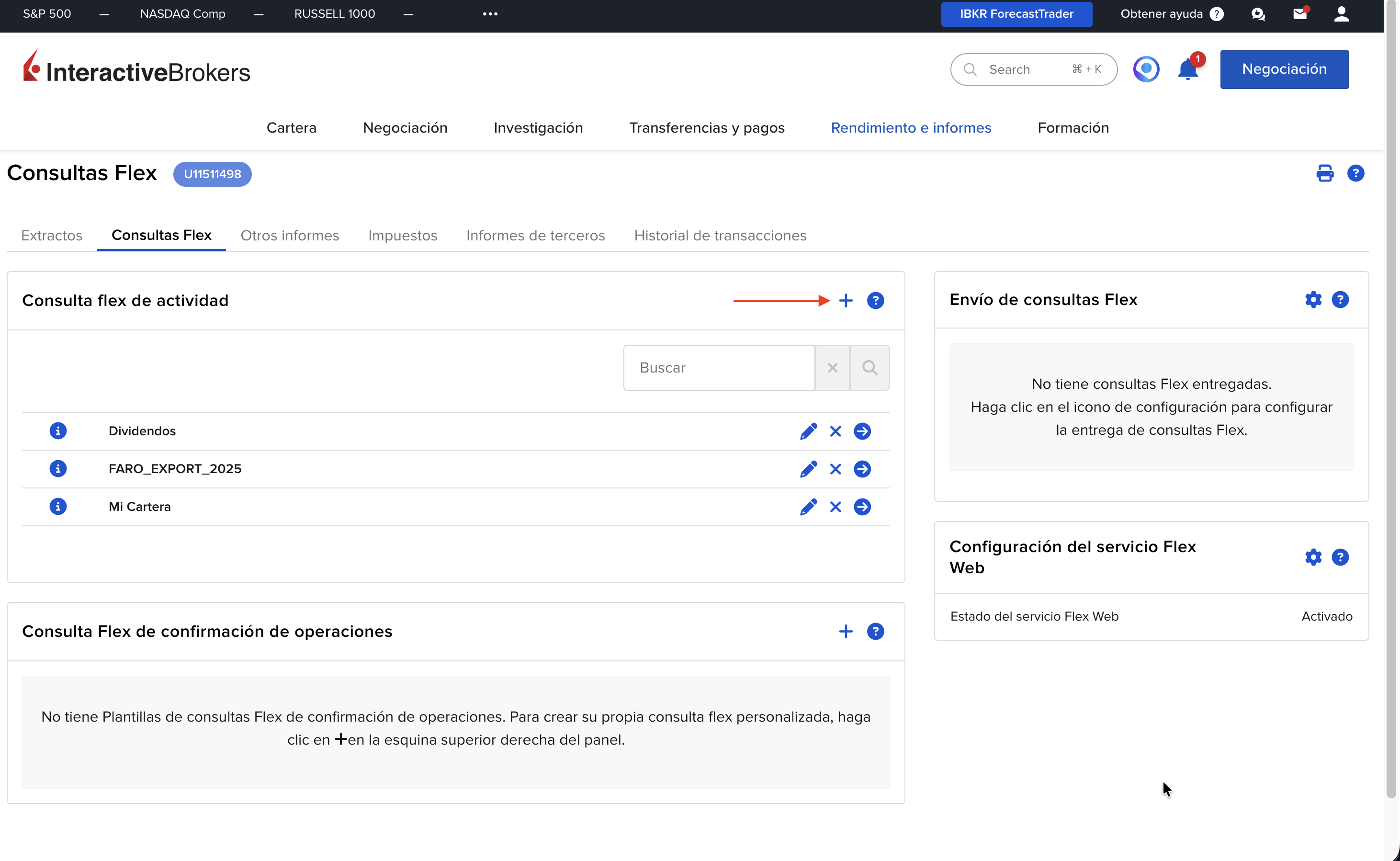 Paso 2: Crear nueva Activity Flex Query en IBKR — botón + junto a Consultas Flex de Actividad