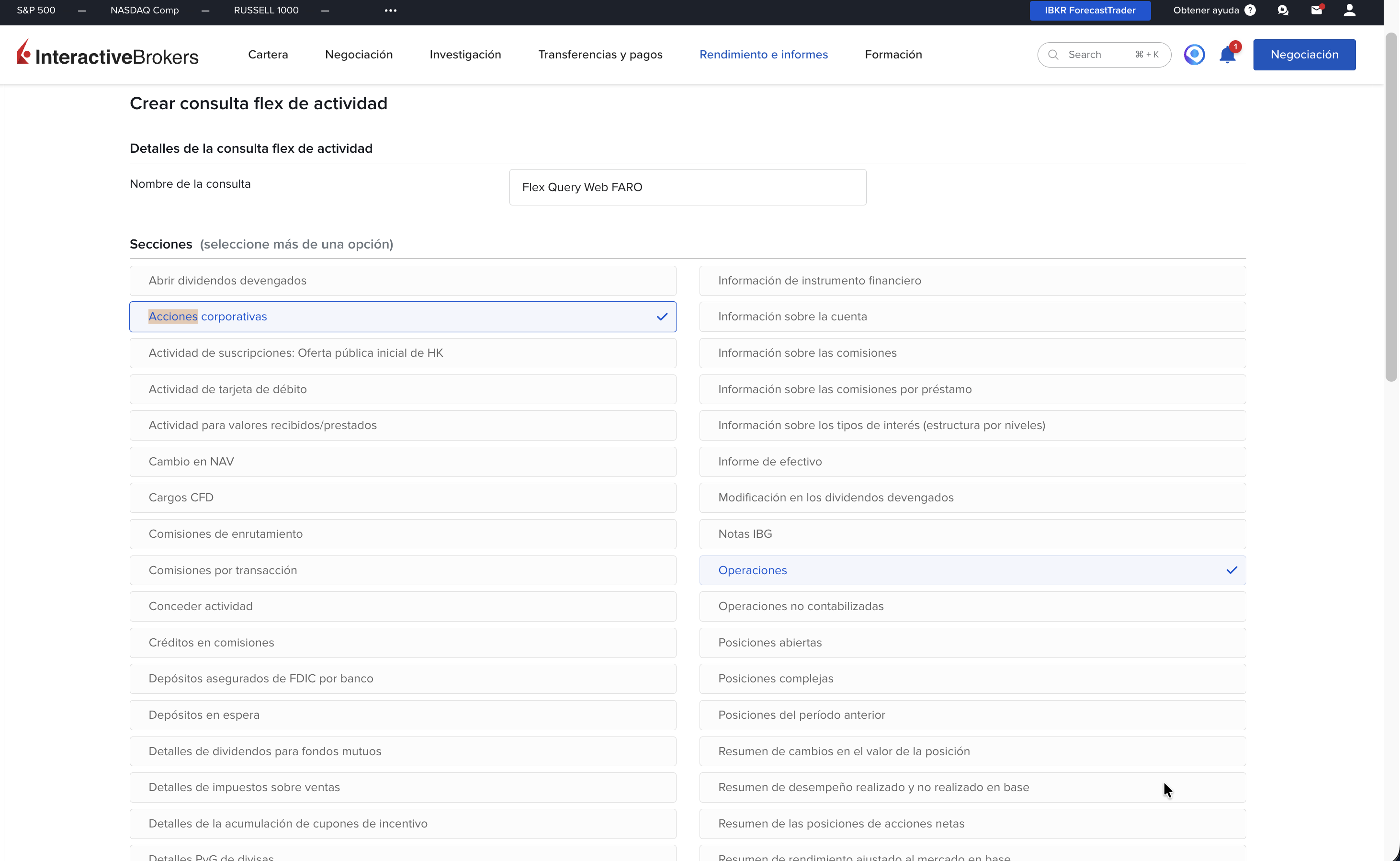 Paso 3: Seleccionar secciones obligatorias — Acciones corporativas y Operaciones marcadas en la Flex Query