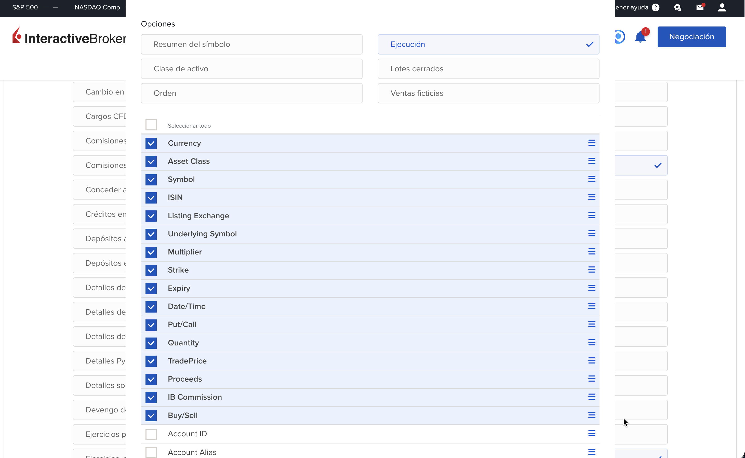 Paso 4: Campos de Operaciones seleccionados — Currency, Asset Class, Symbol, ISIN, Listing Exchange, Multiplier, Strike, Expiry, Date/Time, Put/Call, Quantity, TradePrice, Proceeds, IB Commission, Buy/Sell
