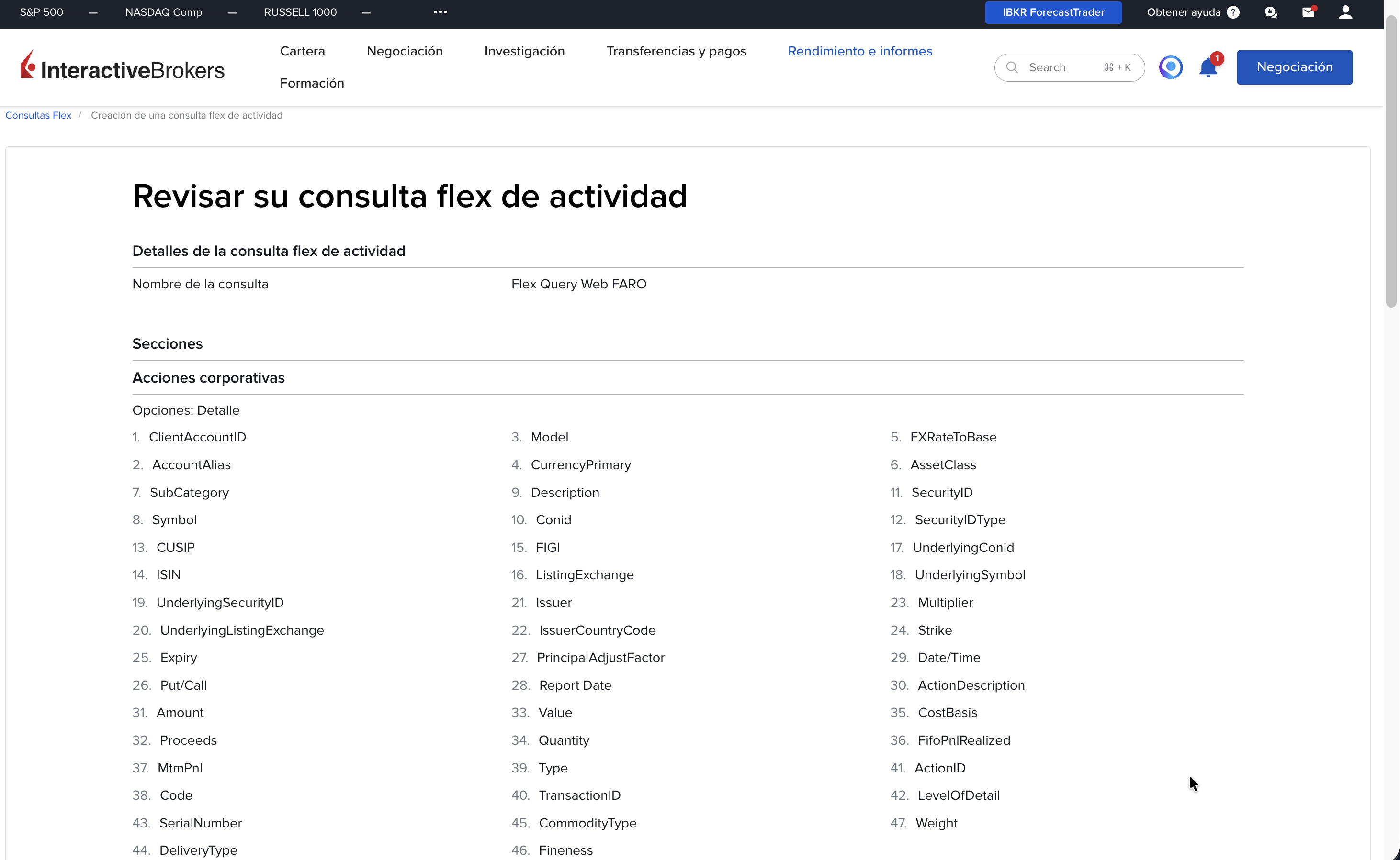 Paso 4b: Resumen de la Flex Query — sección Acciones corporativas con todos los campos seleccionados